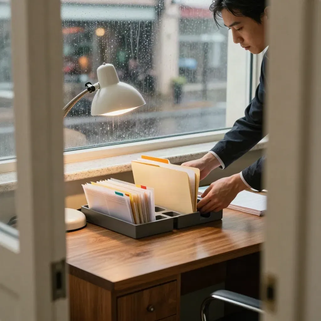 Rainy pre-dawn grant review table with folders under a warm lamp, seen from the doorway.