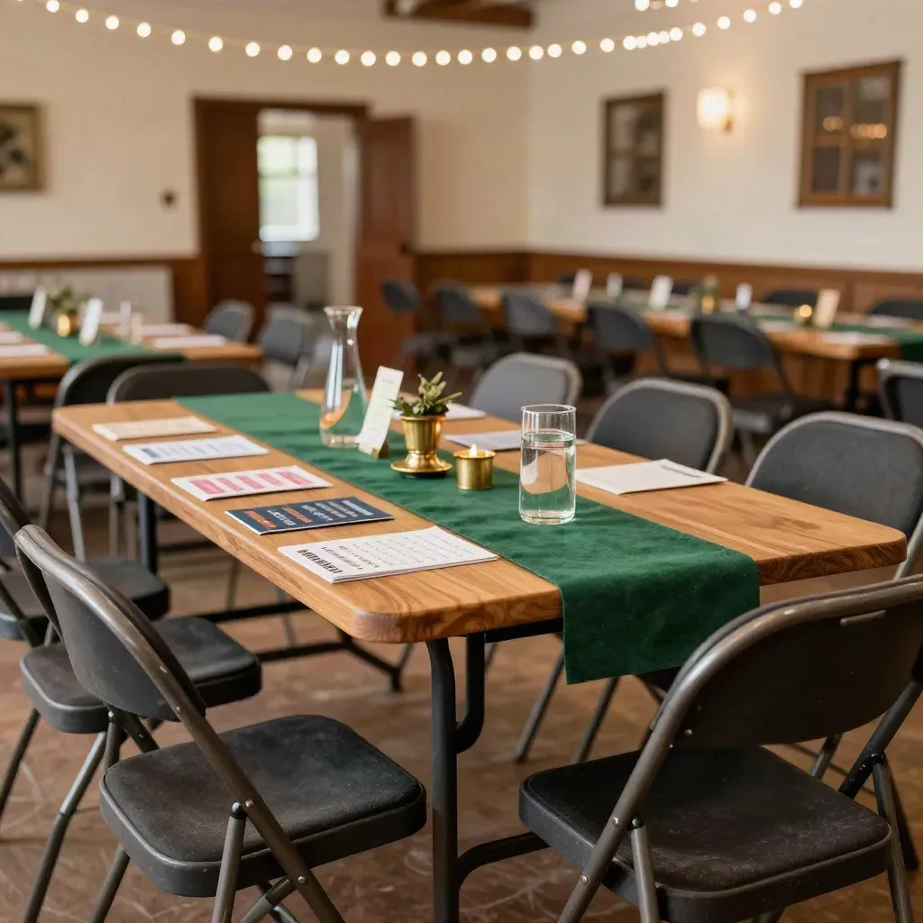 Folding chairs and face-down event cards around a town hall welcome table under warm string lights.
