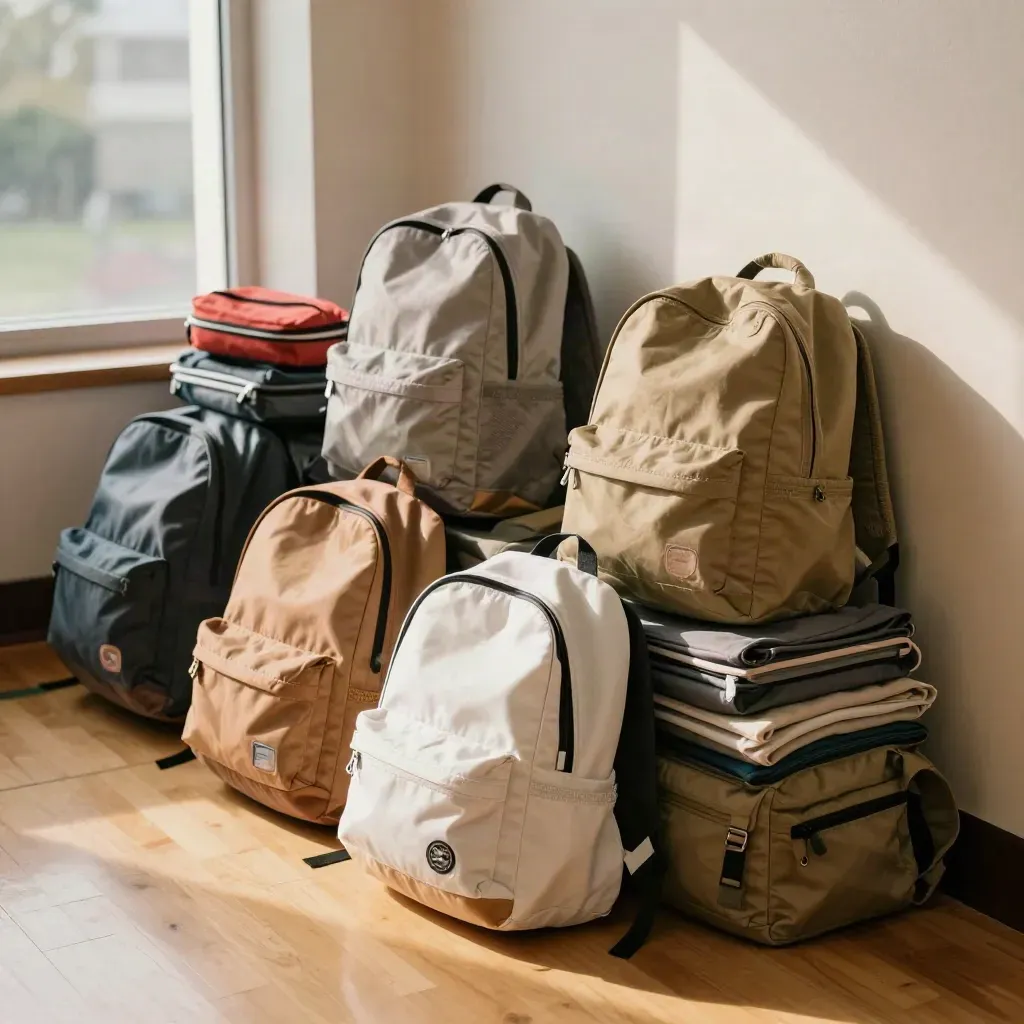 School backpacks and supplies stacked in a gym corner under late-afternoon window light.