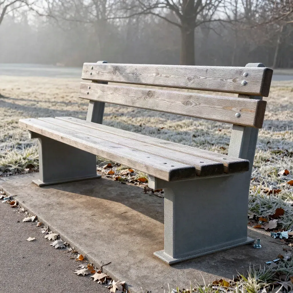 Bench slats and shade posts assembled at a park edge in cold morning light.