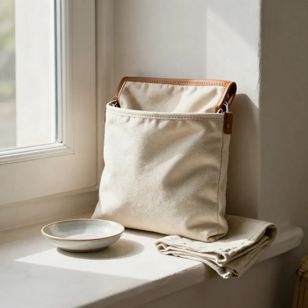 Canvas toolkit pouch with dish and folded towel on a doorway shelf in soft daylight