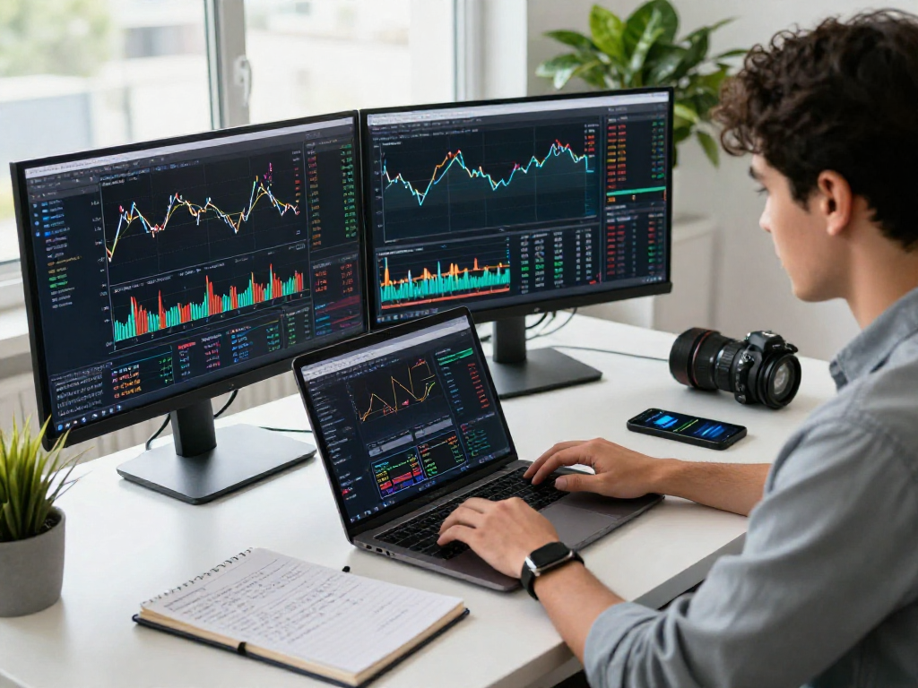 Trader analizando el mercado de criptomonedas con Immediate Edge en su escritorio moderno y bien iluminado.