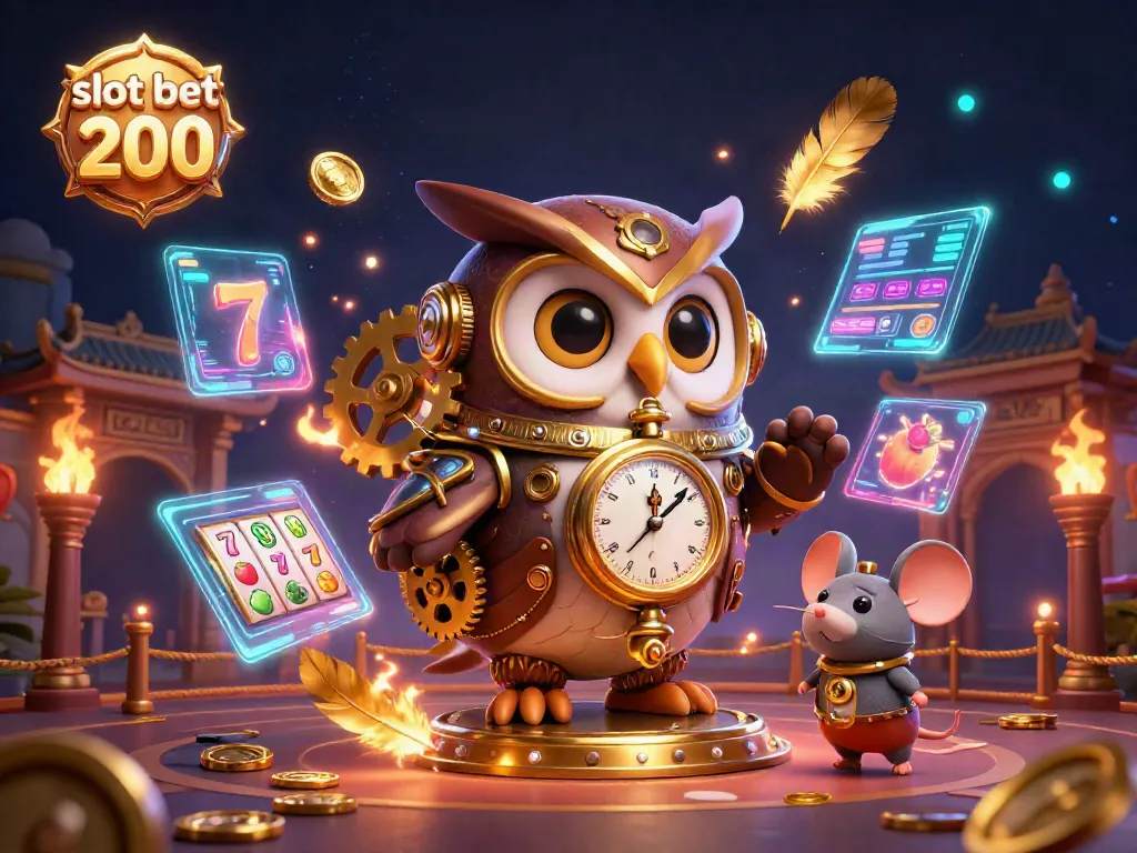 Gambarkan suasana bermain slot bet 200 dengan karakter burung hantu dan tikus dalam permainan kasino.