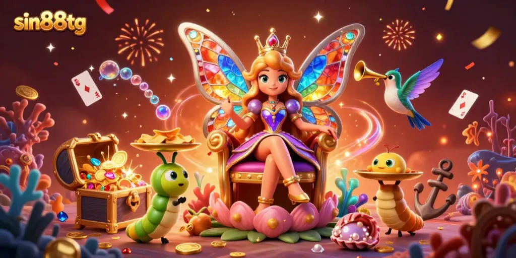 Experience thrilling wins at sin88tg with a vibrant casino-themed fantasy scene featuring a butterfly queen.