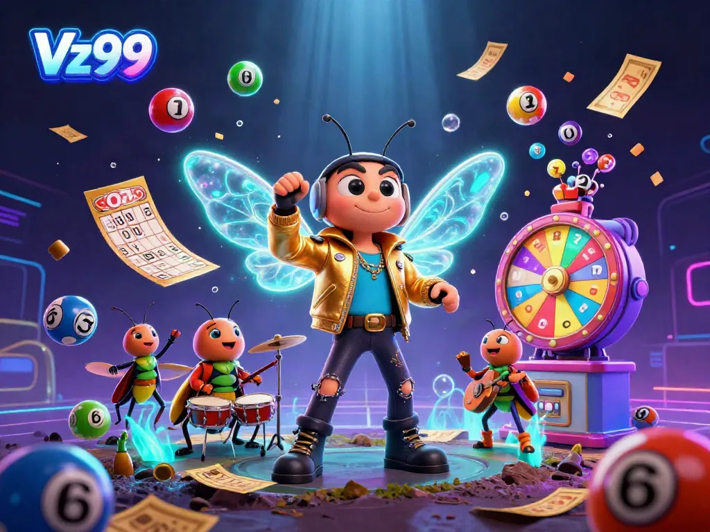 Engaging illustration of the Vz99 brand featuring a character ensemble with a rock star cicada and lottery game elements.