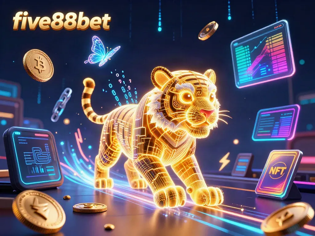 Bet on five88bet with a vibrant scene featuring a neon tiger in a digital casino landscape.