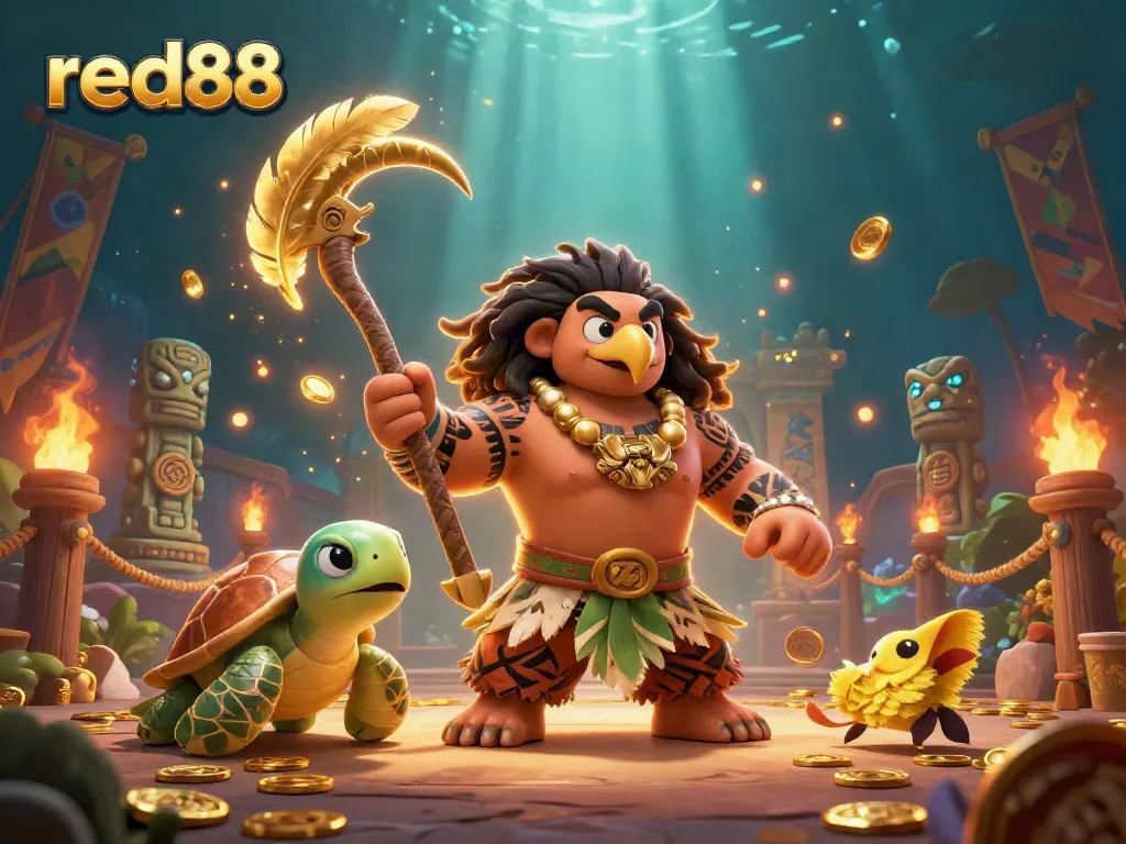 Win at red88 with an immersive 3D casino scene featuring a Maui-style demigod and vibrant game elements.