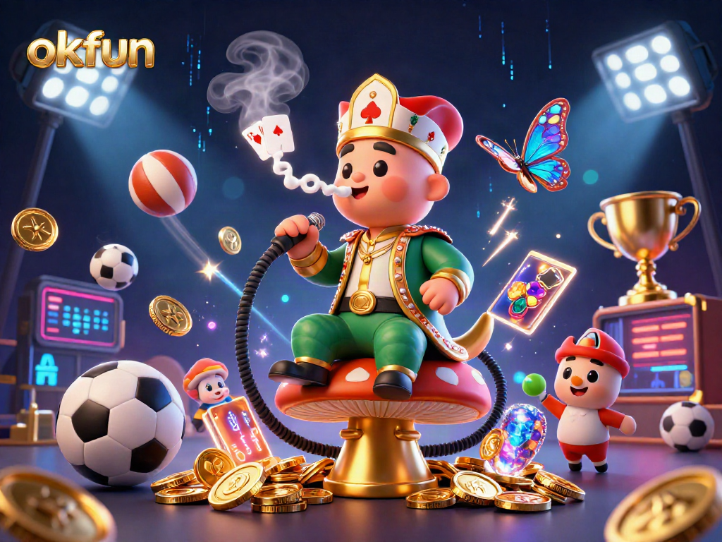Engage with okfun’s captivating casino world through a dynamic 3D illustration filled with vibrant gaming elements.