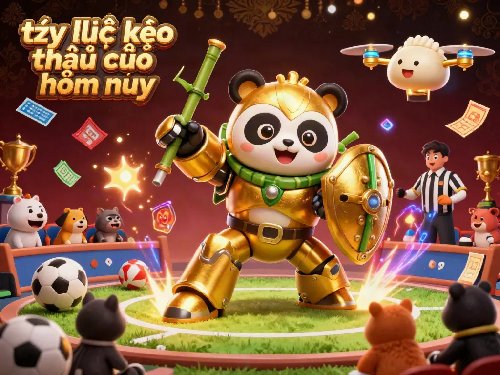 Engage with tỷ lệ kèo nhà cái hôm nay as a 3D cartoon mech-suit panda battles in an exciting sports betting arena filled with colorful game elements.