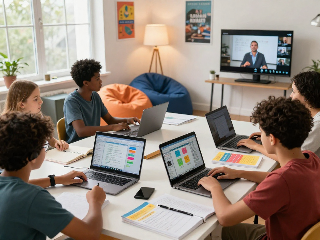 Students using rokok88 slot login for online curriculum in a bright study room.
