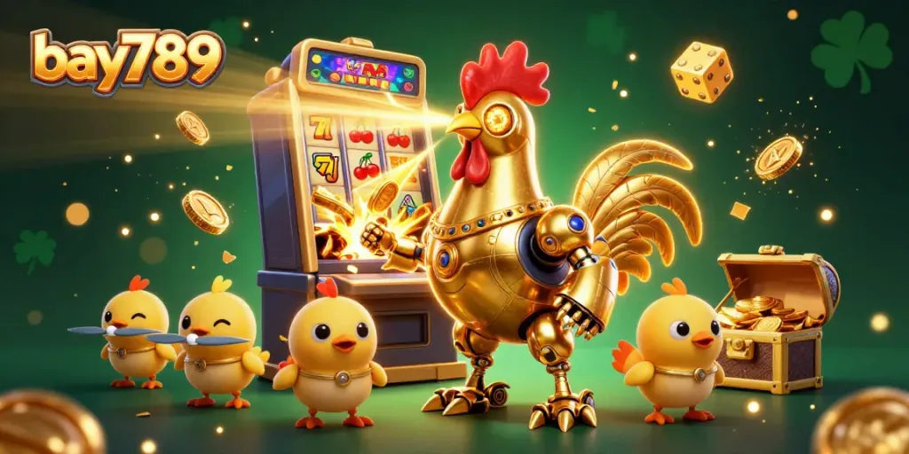 Experience bay789's vibrant casino universe with the golden rooster and high-energy slot machine action.