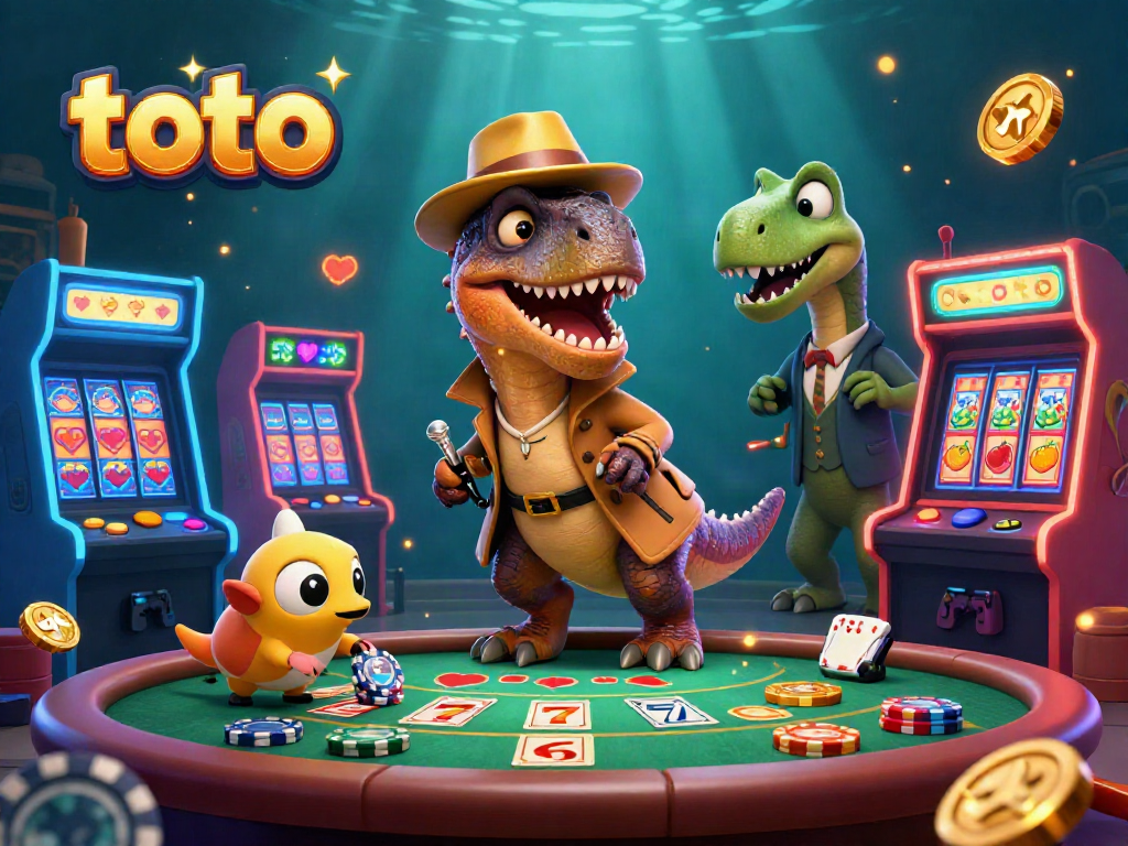 Toto river raft in a vibrant casino scene with 3D velociraptor card counter and slot elements.