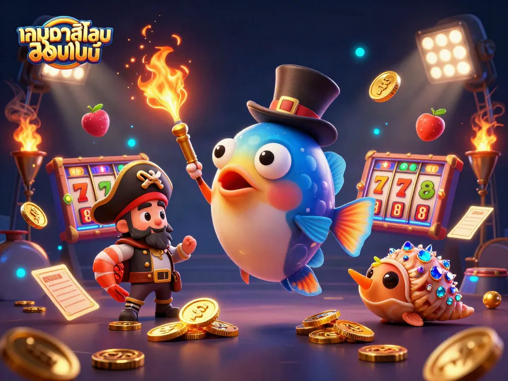 สนุกกับเกมคาสิโนออนไลน์ในภาพ 3 มิติที่มีปลาแองเกลอร์ในหมวกสูง, กุ้งโจรสลัด และหอยทากมีอัญมณี