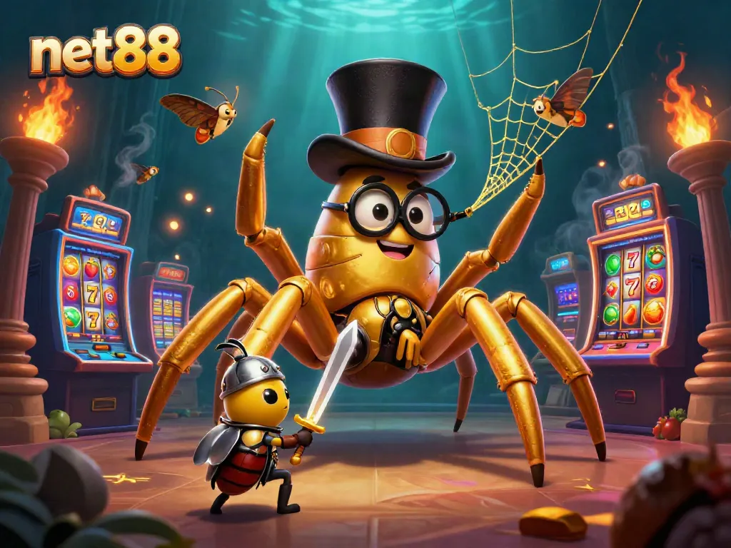 Experience thrilling gameplay at net88 with a golden tarantula and tiny knight amidst exciting slot machines.