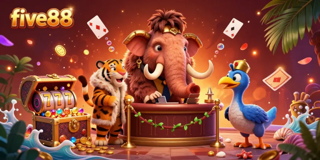 Experience the excitement at five88 with a vibrant casino scene featuring a mammoth bouncer, saber-tooth tiger guest, and underwater treasures.