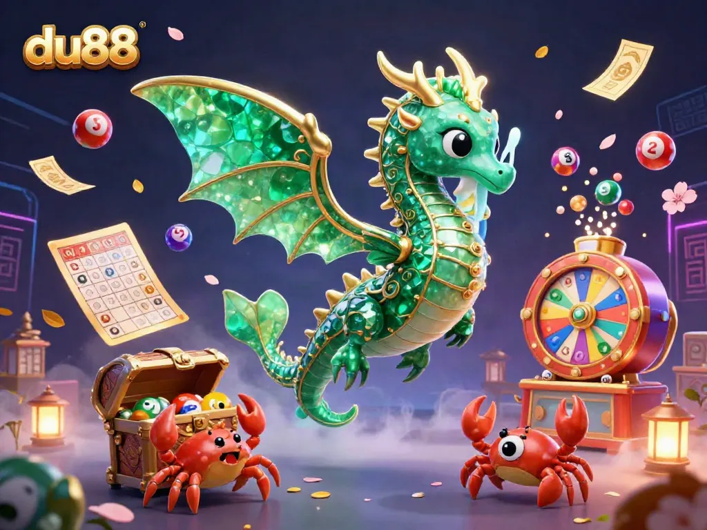 Experience thrilling wins at du88 with a vibrant 3D sea dragon and treasure chest surrounded by dynamic casino elements.