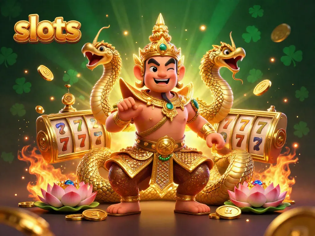 Engage with vibrant slots gameplay in an energetic scene featuring a Thai temple guardian and golden symbols.