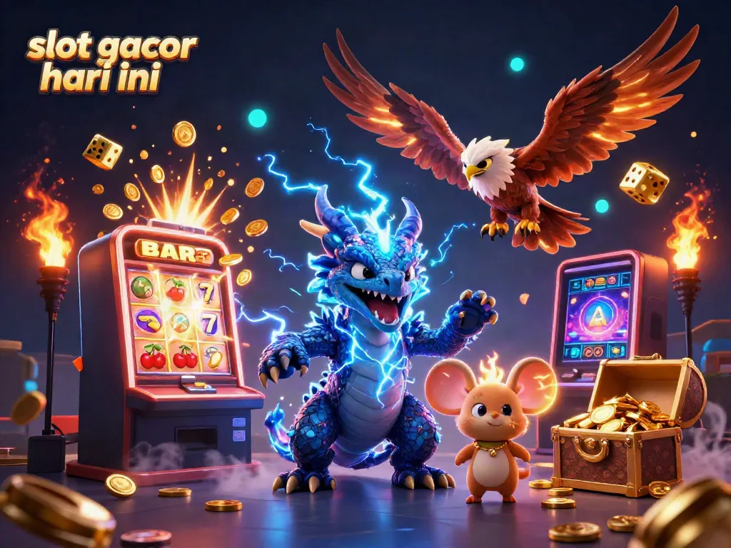 Experience the thrill of slot gacor hari ini with a vibrant 3D illustration of exciting casino elements and dynamic characters.