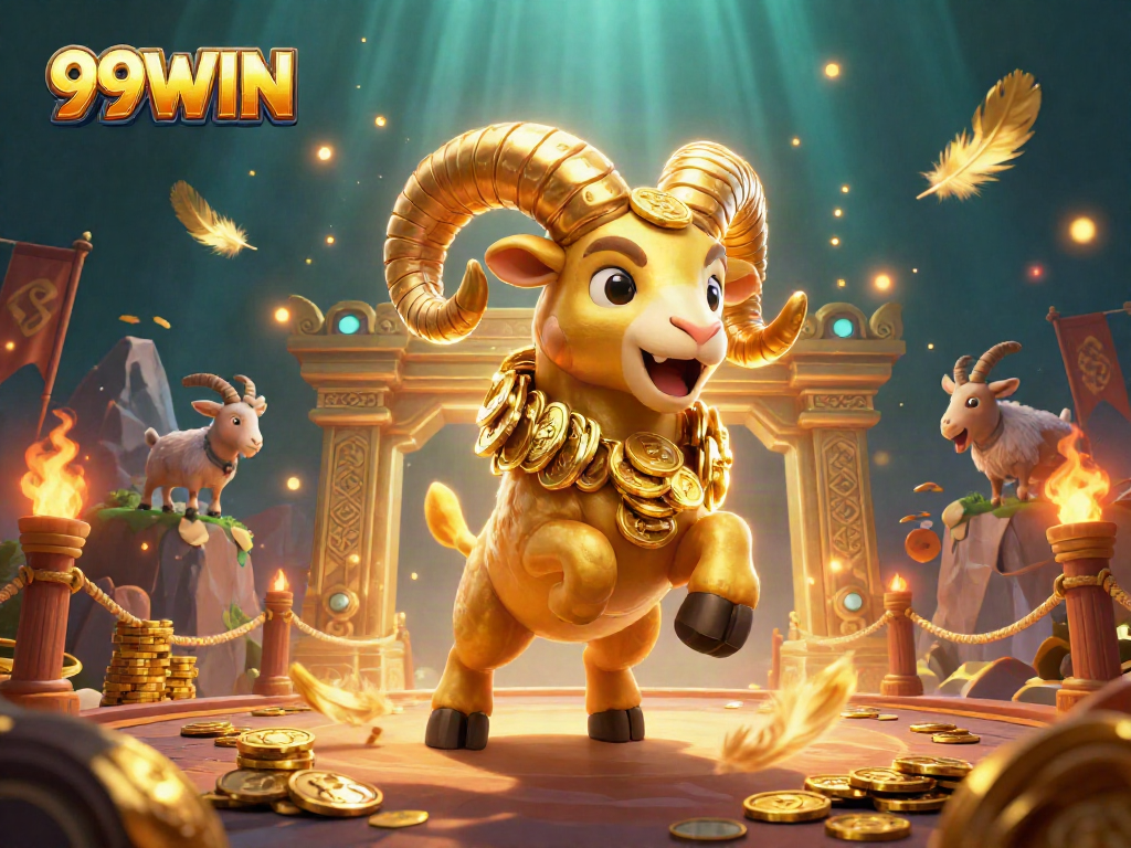 Experience the thrill of 99WIN as the golden ram charges through a dramatic gambling arena.