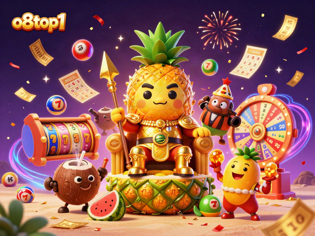 o8top1 showcases a vibrant 3D casino scene featuring a golden pineapple king amidst lottery elements.
