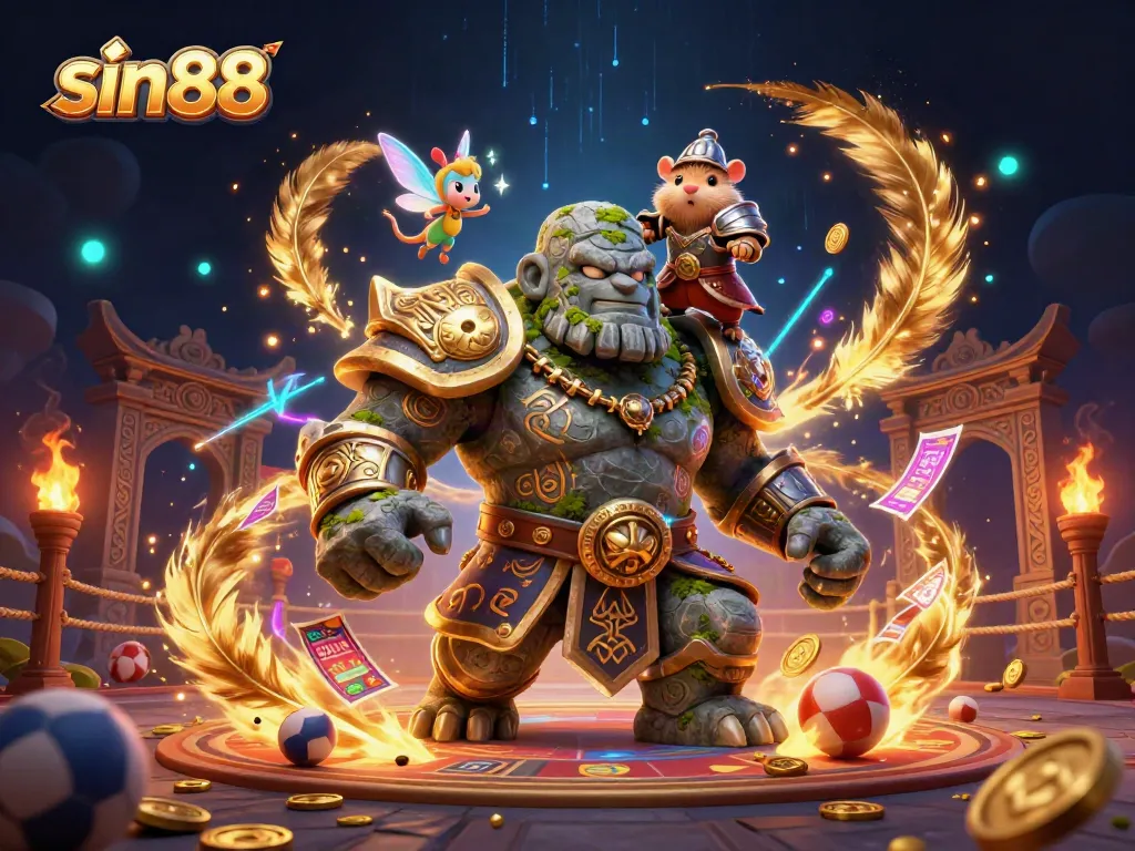 Experience the magic of sin88 with a dynamic scene of a golem guardian, fairy, and hamster knight amidst casino elements.