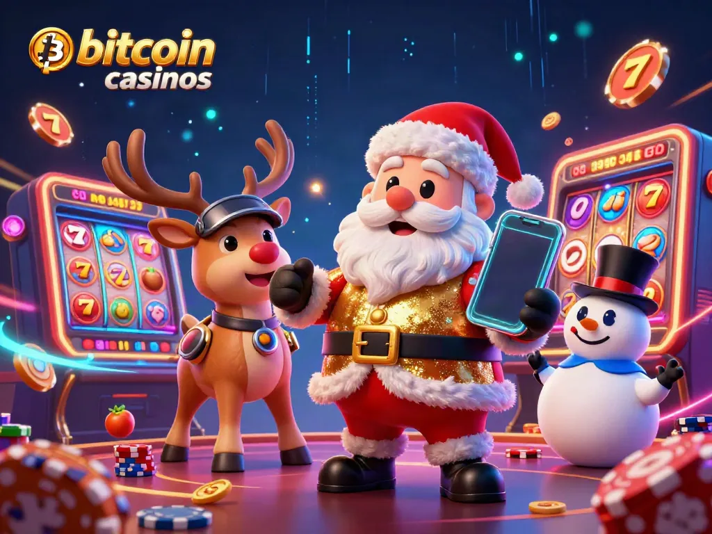 Experience excitement and privacy with bitcoin casinos in a festive 3D scene featuring Santa and friends.
