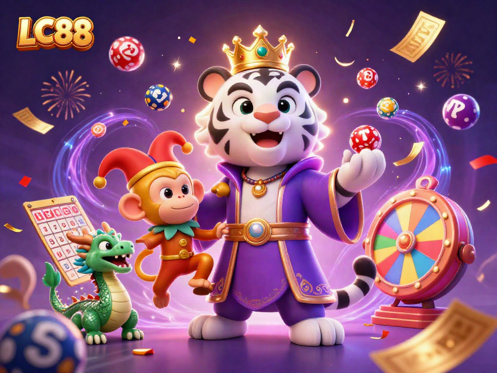 Engage with the lively LC88 gaming scene featuring a tiger, monkey, and dragon amidst vibrant prizes.