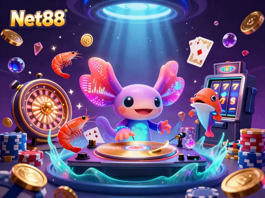 Experience thrilling casino vibes with Net88, featuring a vibrant DJ axolotl and lively underwater casino elements.