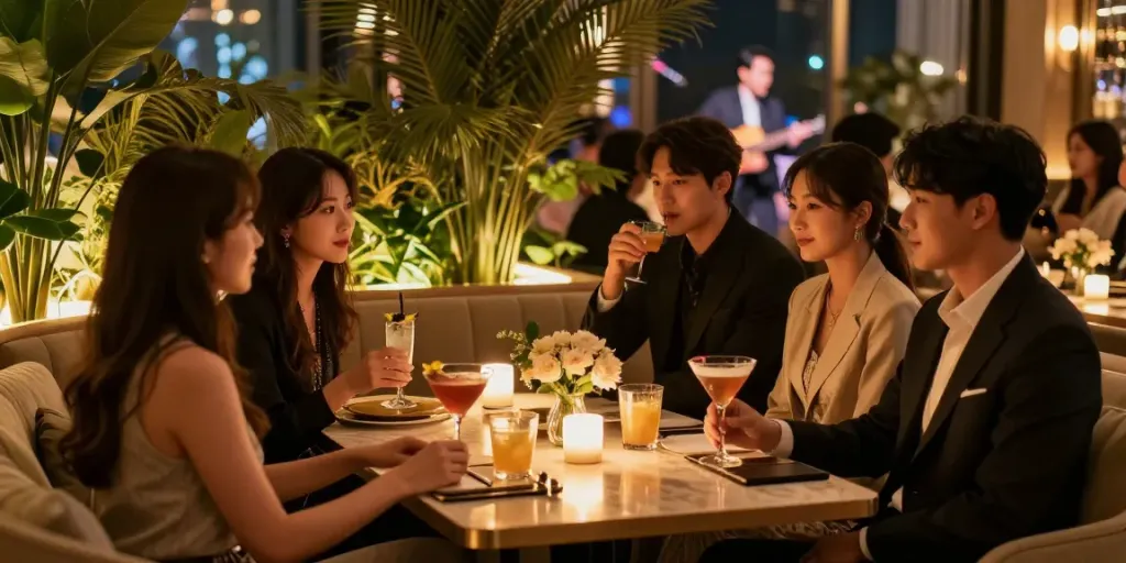 강남세이렌 쩜오의 고급스러운 실내에서 칵테일을 즐기는 고객들