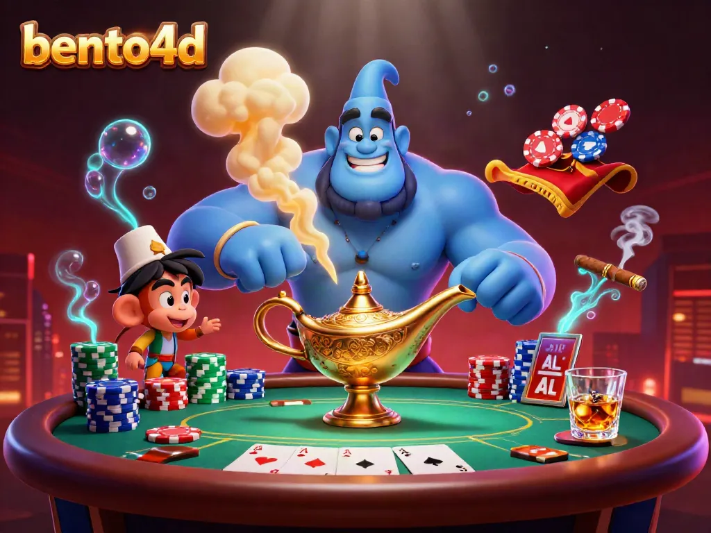 Experience thrilling poker action with bento4d's 3D genie, monkey, and poker chips in a vibrant casino scene.