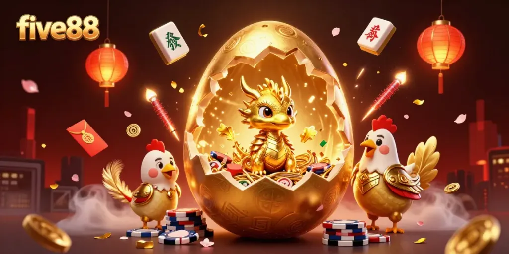 Engage with five88’s vibrant online gaming scene featuring golden elements and festive decorations.