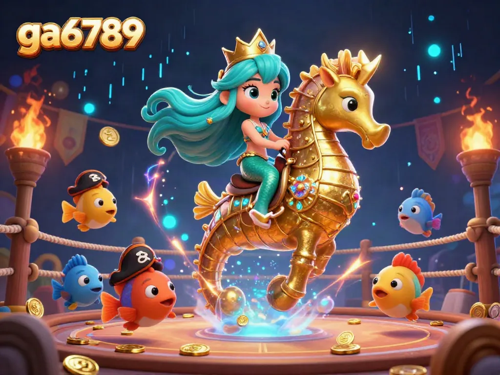 Experience the exciting ga6789 online betting scene with a vibrant mermaid, seahorse, and colorful fish, amidst dynamic casino elements.