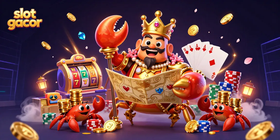 Experience slot gacor excitement with a golden crab emperor amid cascading riches in a vibrant casino scene.