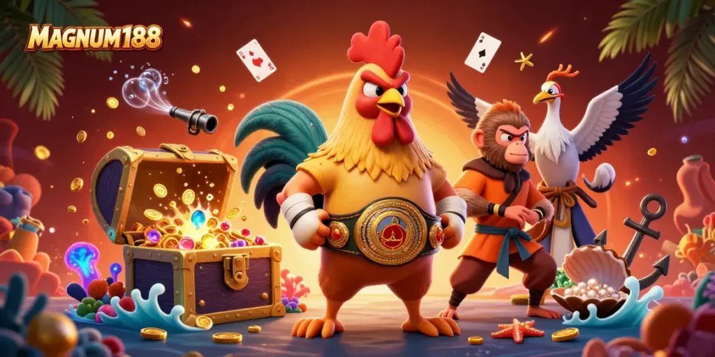 Experience thrilling wins at MAGNUM188 with a vibrant 3D scene featuring iconic casino characters.