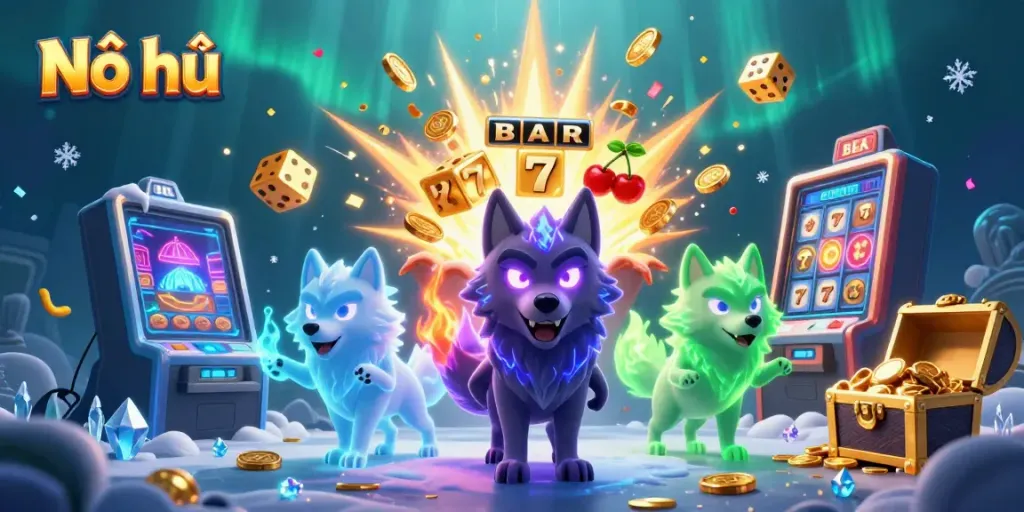 Nổ hũ slot game explosion with wolf pack leader, coins, and vibrant casino elements.