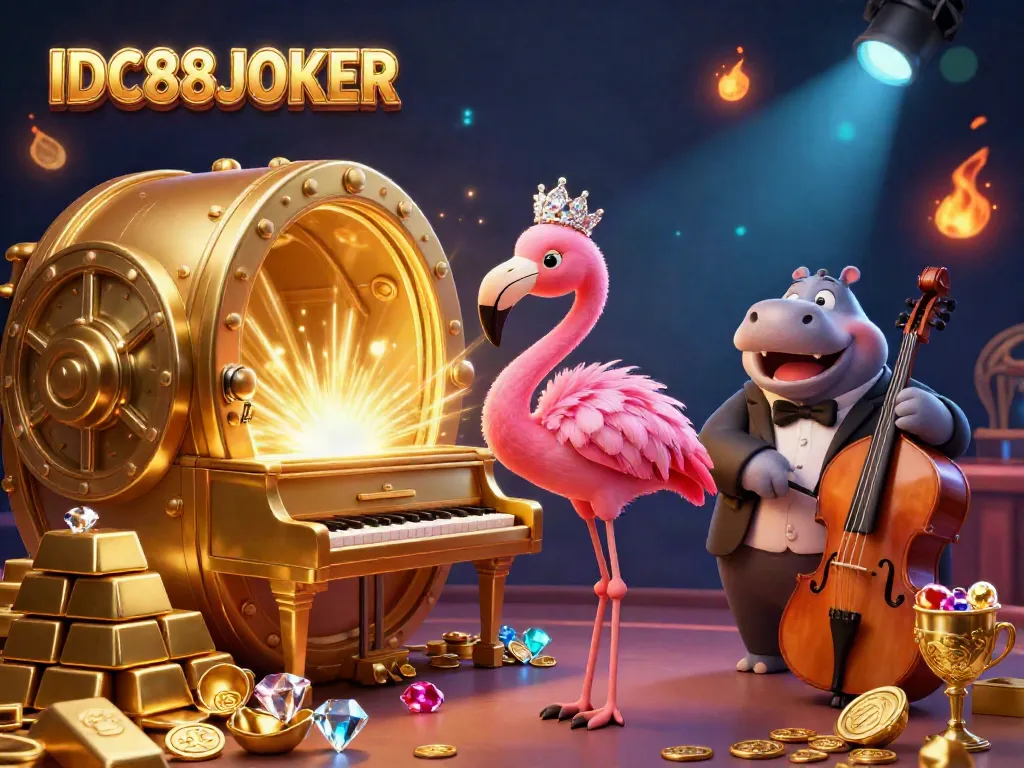 Engage with IDC88JOKER's vibrant casino atmosphere featuring a flamingo singer and hippo bassist.