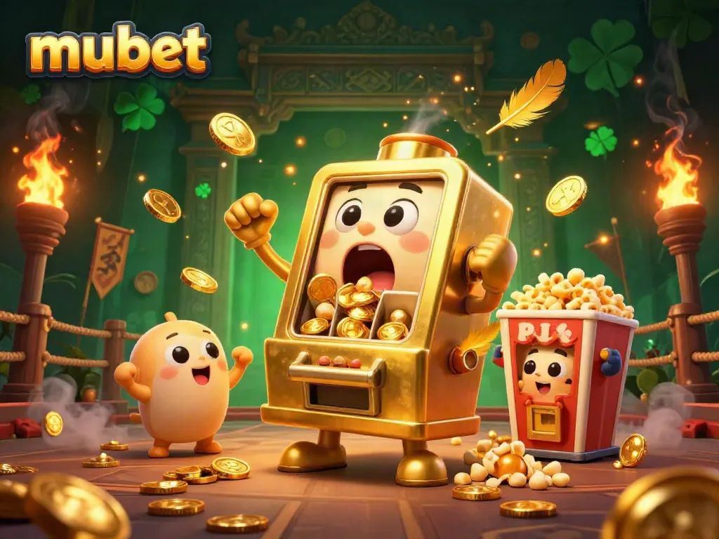 Experience the excitement of mubet as a golden slot machine hits the jackpot, coins flowing in a dynamic casino scene.