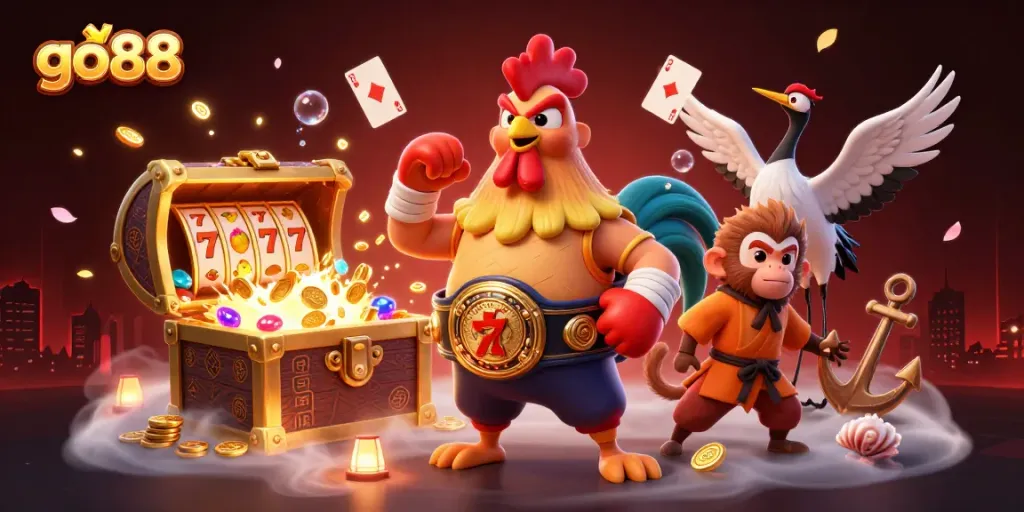 Experience go88's thrilling gameplay with a dynamic illustration featuring Muay Thai rooster, Shaolin monkey, and crane master amidst colorful casino elements.
