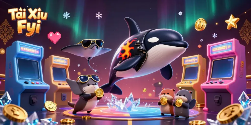 Tài Xỉu Fyi featuring an orca, stingray, and otters in a vibrant casino-themed scene