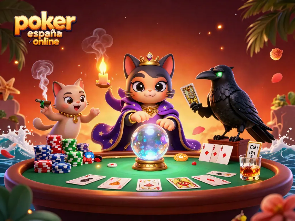 Juega al poker españa online en una escena dinámica con un gato místico, un cuervo y llamas danzantes.