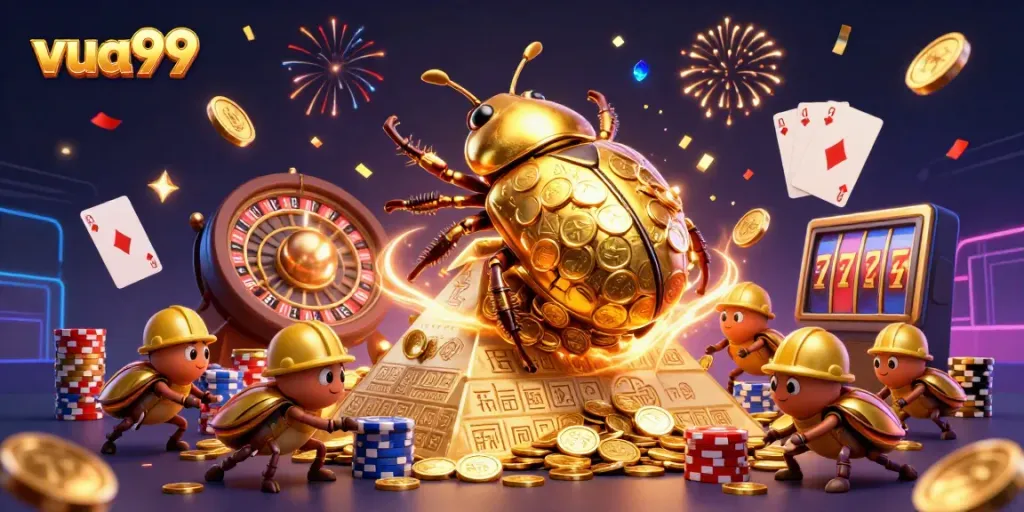Experience the fun of slots and casino games with vua99 as golden coins and gems cascade in celebration.