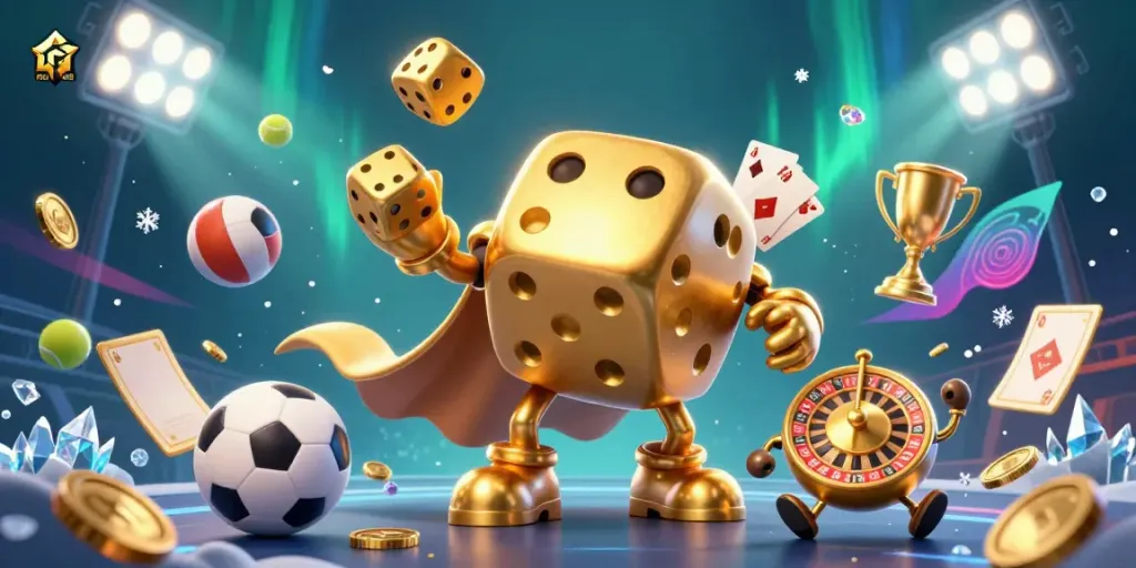 Engage in thrilling betting action with mubet's lively 3D casino illustration featuring dynamic characters and vibrant game elements.