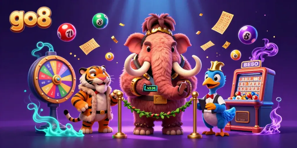 Exhilarating go8 casino scene with vibrant characters and joyful gaming elements.