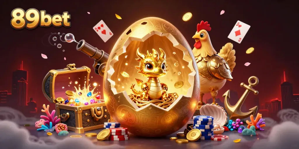 Win big at 89 bet with a dazzling scene featuring a golden dragon and poker chips amidst treasure.