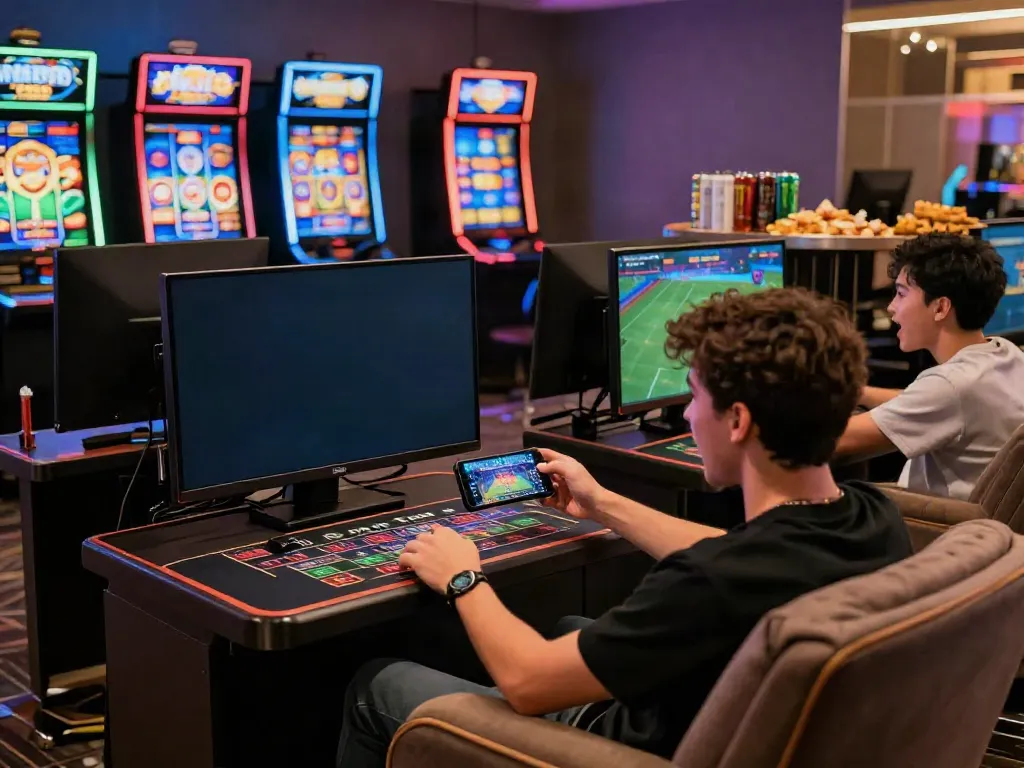 Engaging scene of players enjoying online gaming at MAN88 with colorful graphics and snacks.