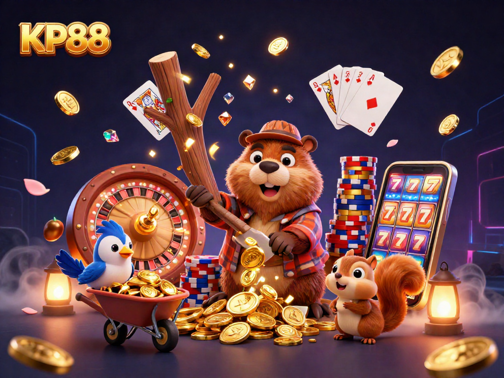 Win big with KP88 in this vibrant scene of a cartoon beaver, money, and casino elements.