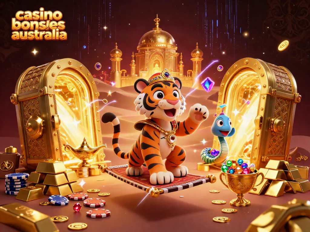 Experience exciting casino bonuses Australia with a magical sultan and treasures in a vibrant casino setting.