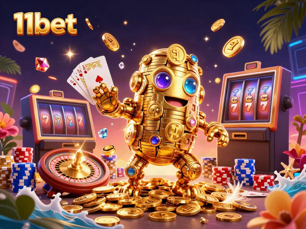 Experience the thrills of 11bet with a golden golem surrounded by casino treasures and amazing game elements.