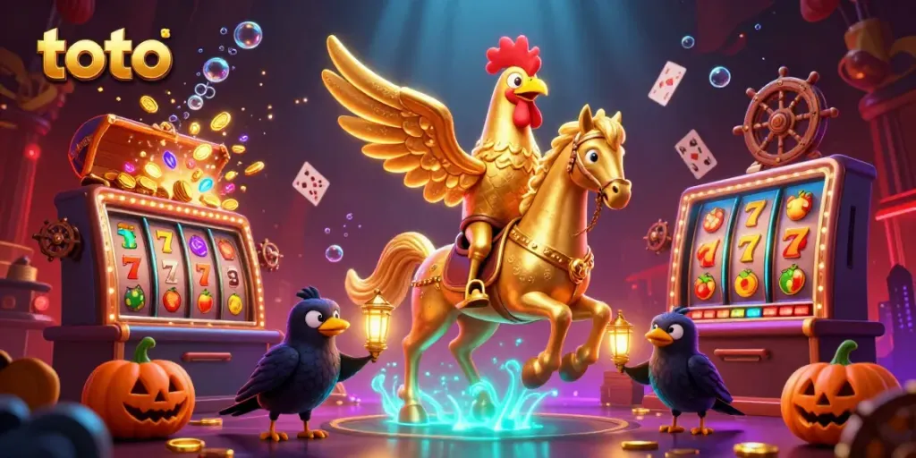 Toto-themed casino illustration featuring a golden rooster headless horseman and crow companions in dynamic action.