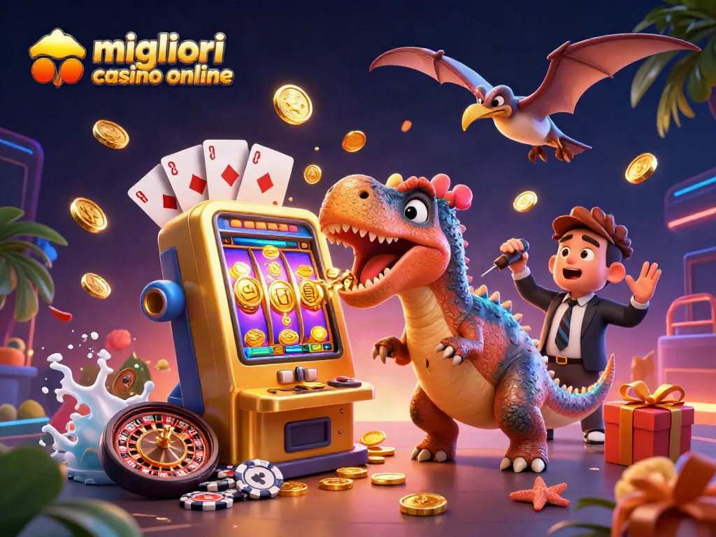 I migliori casino online offrono slot entusiasmanti e premi, mentre un pachycephalosaurus colpisce una slot machine.